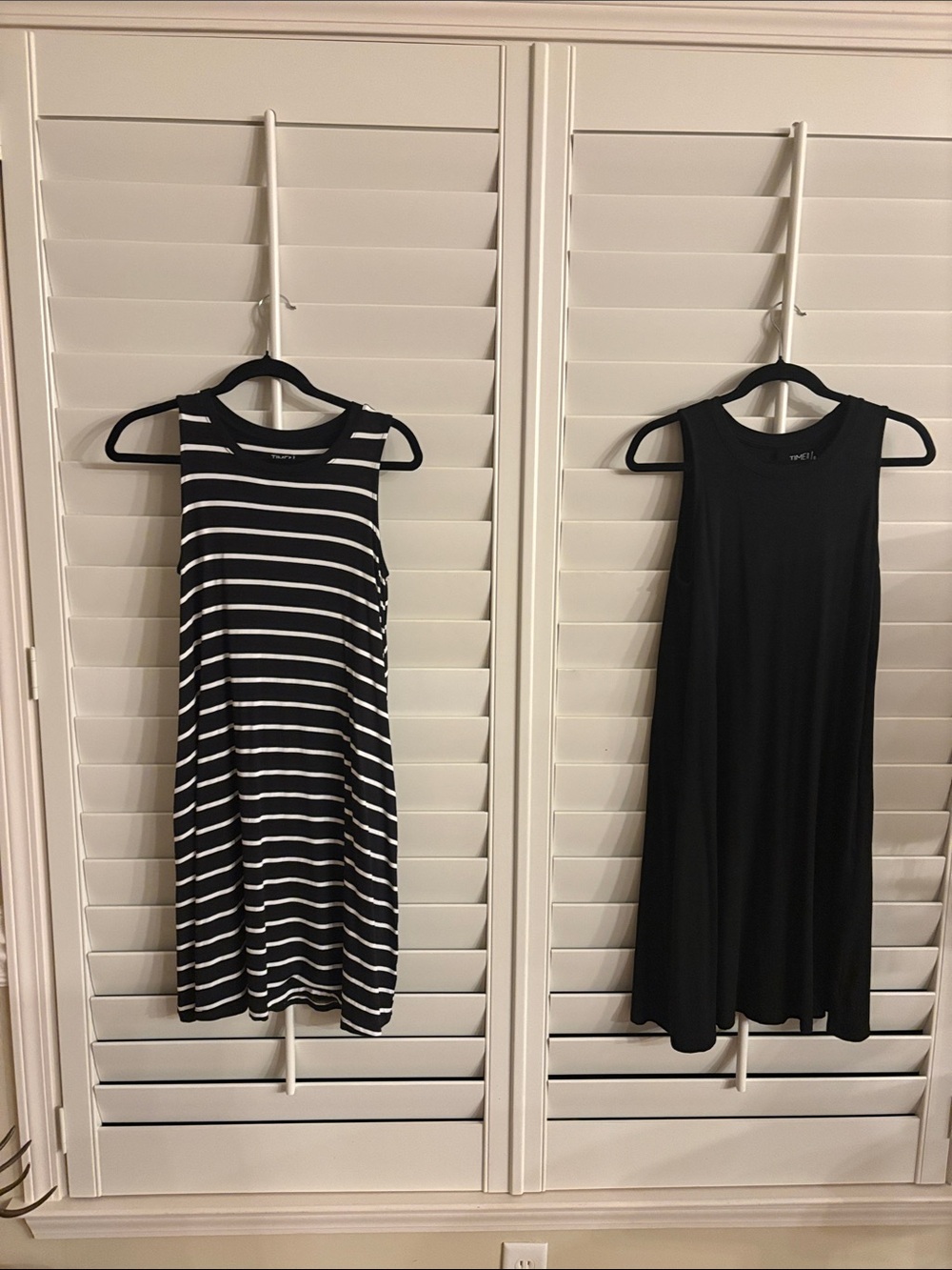2 Dresses Time and Tru Black & White Striped and Solid Black Midi Tank Dresses